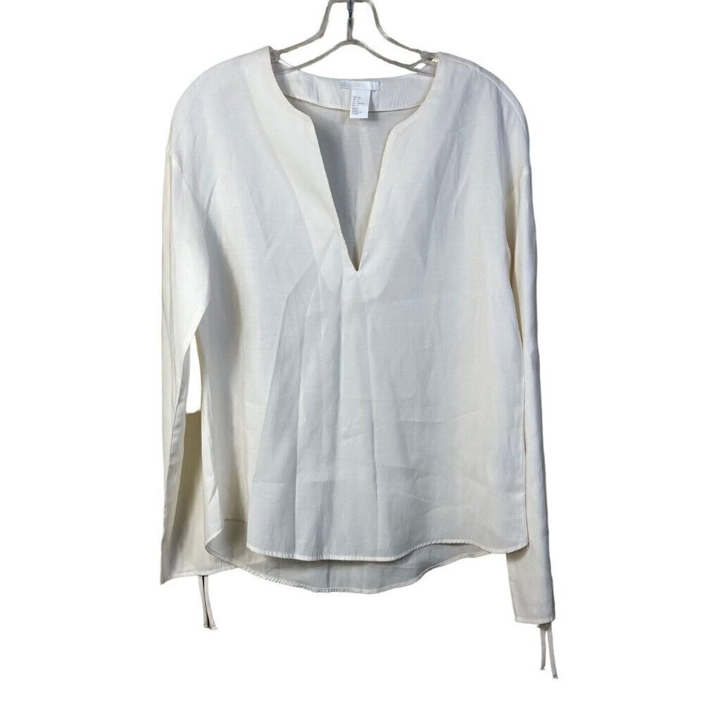 H&M Women's Size 6 Shirt Blouse White Pullover Ruched Sleeves VNeck Cottagecore